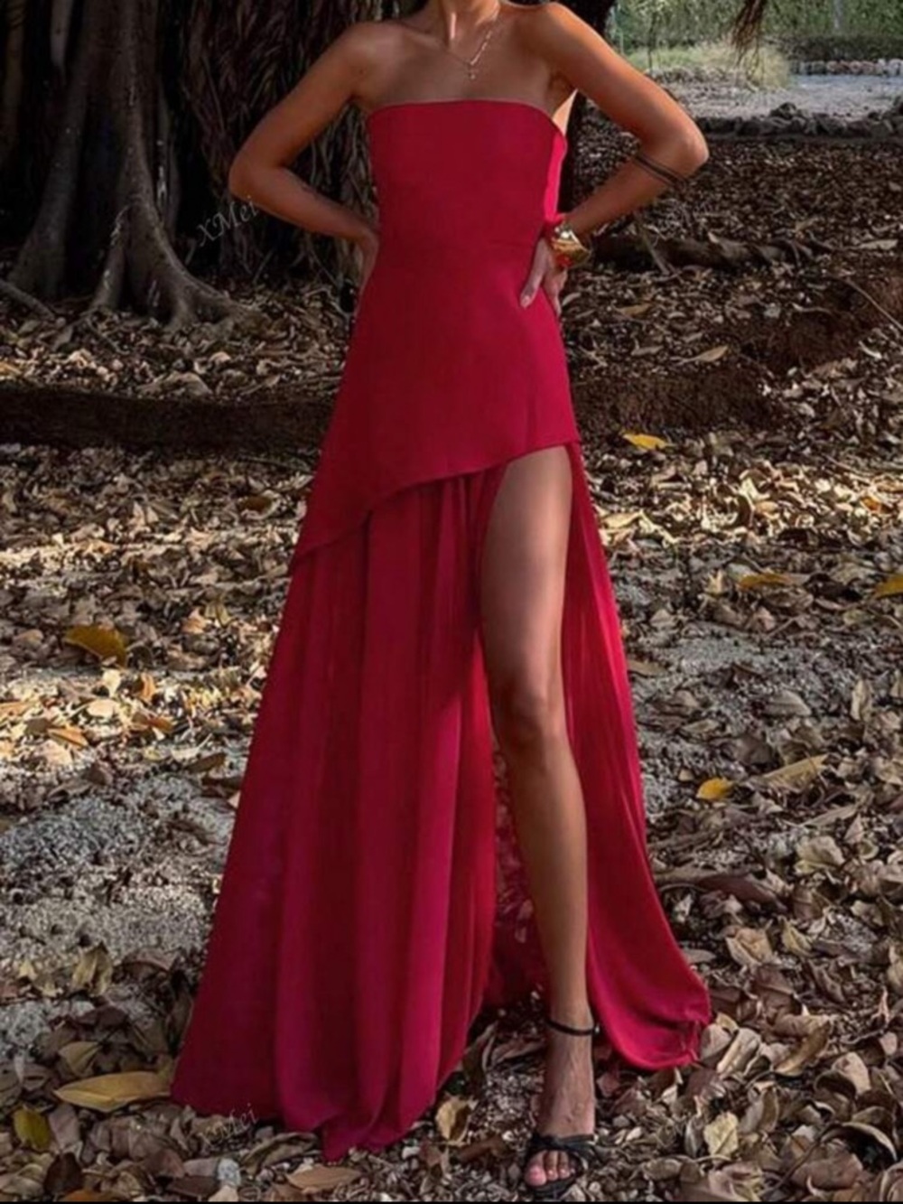 Brand New Red Strapless Dress Gown with Sheer Mesh Hem Overlay